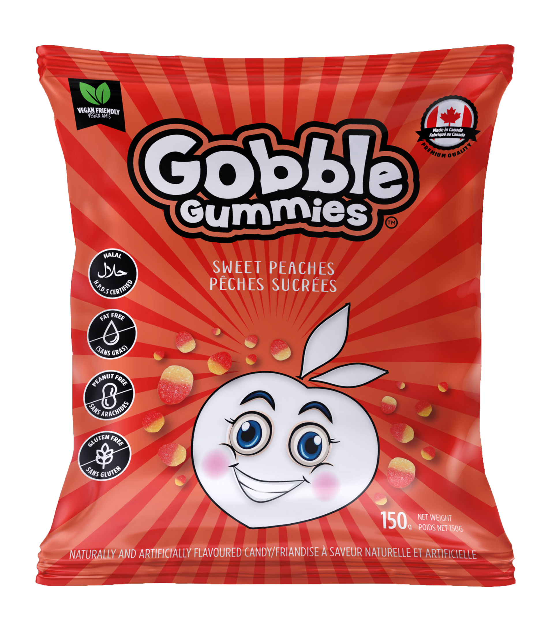 A bag of gobble gummies with a smiling face on it