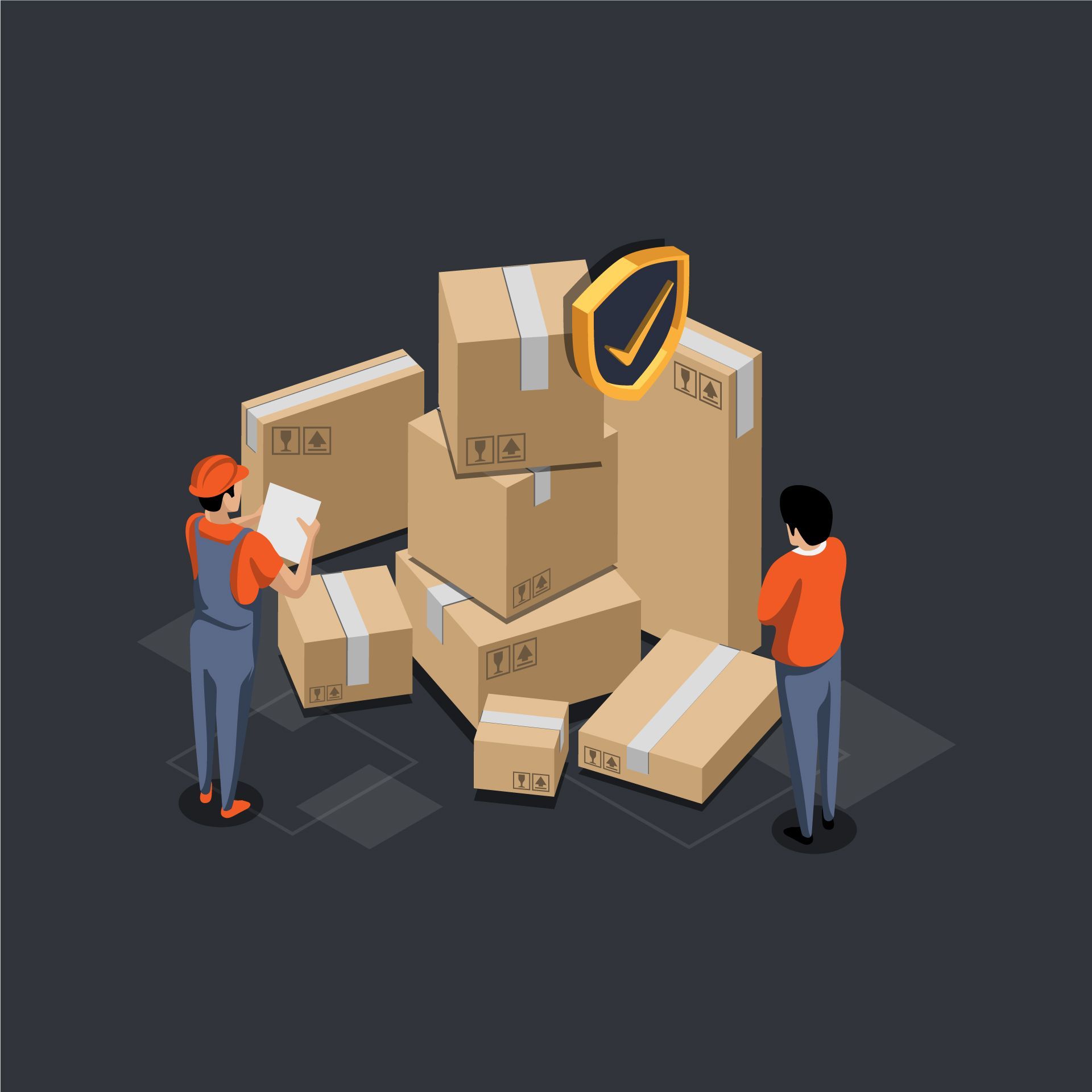 Two men are standing in front of a pile of cardboard boxes