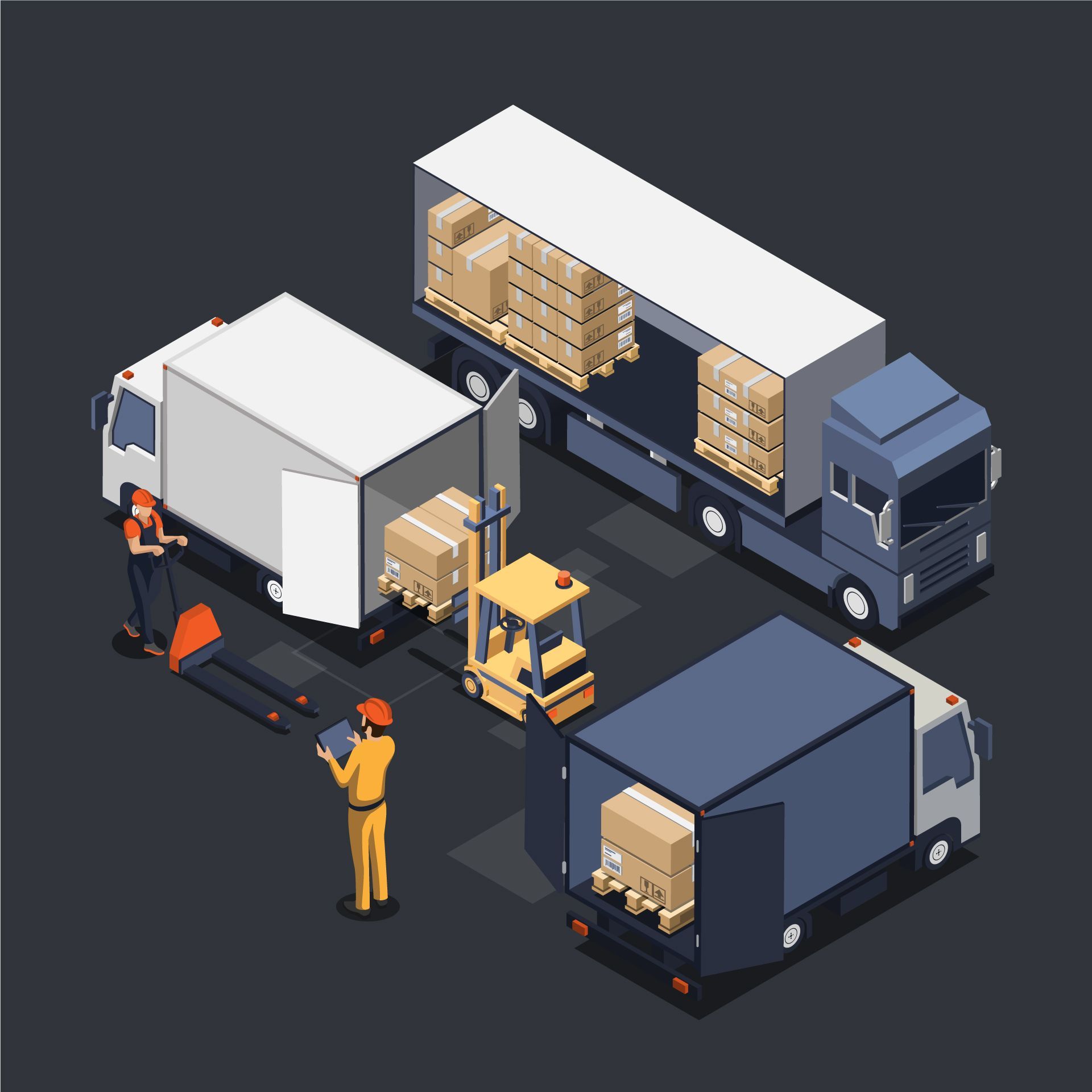 An isometric illustration of a warehouse with trucks and workers
