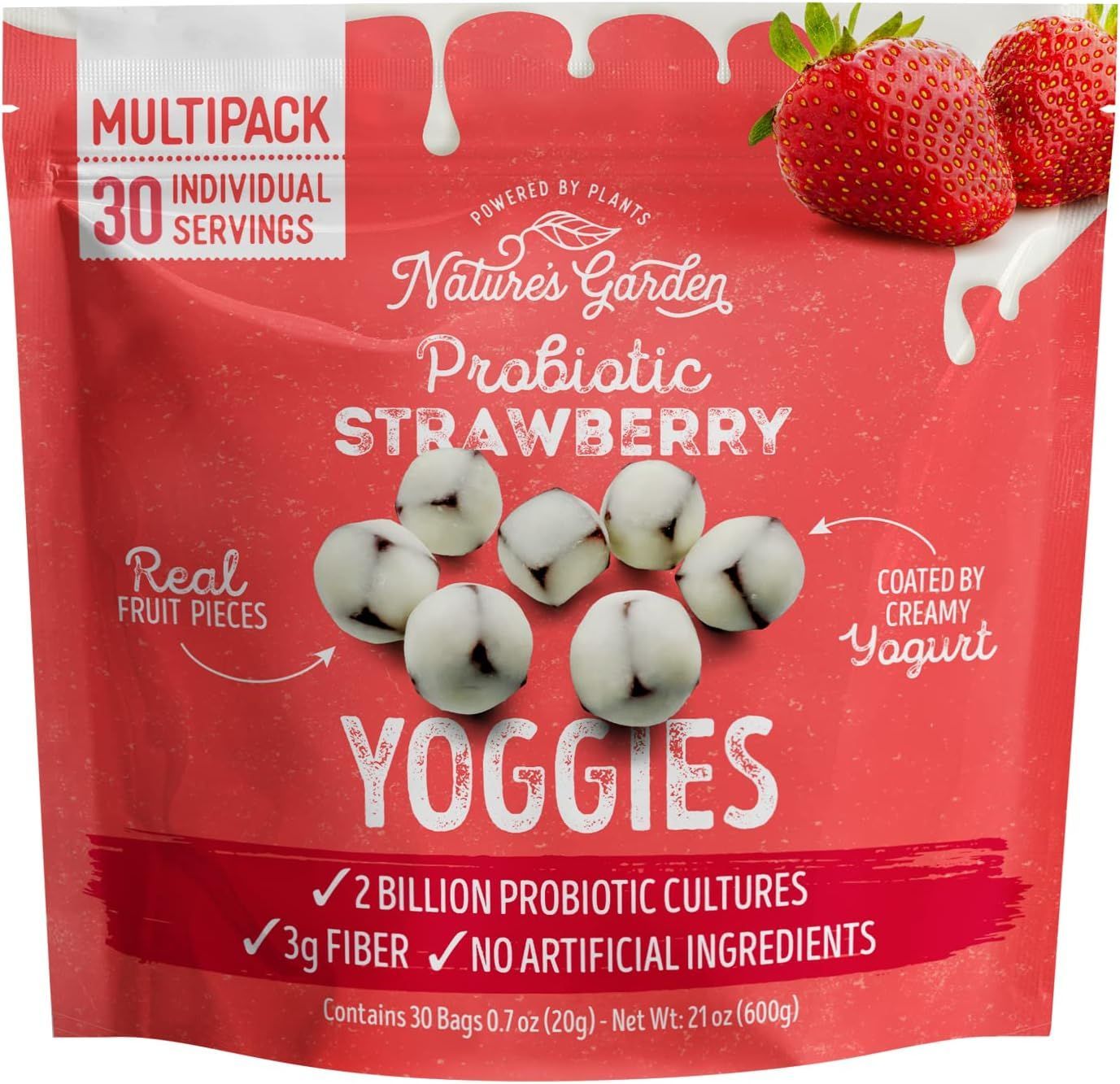A bag of nature's garden probiotic strawberry yoggies