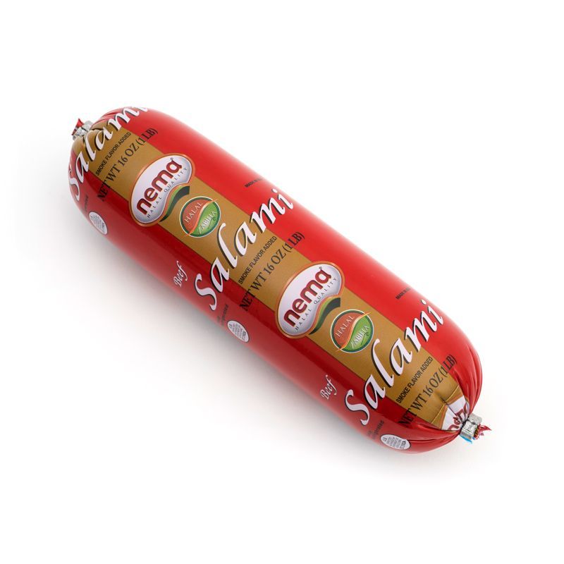 A salami is wrapped in a red plastic wrap