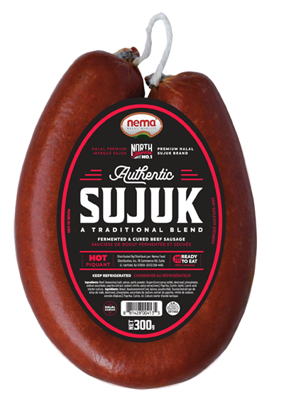 A sausage with a label that says Nema hot sujuk on it