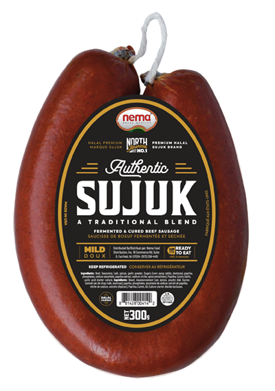 A sausage with a label that says Nema mild sujuk on it