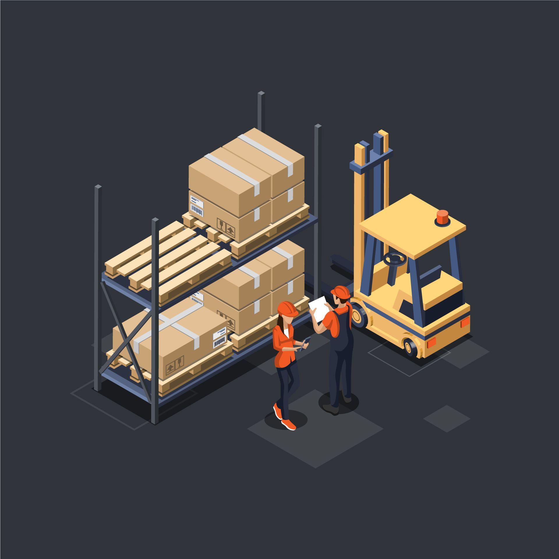 An isometric illustration of a warehouse with boxes and a forklift