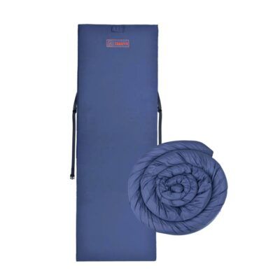 A blue sleeping bag and a roll of sleeping bag on a white background.