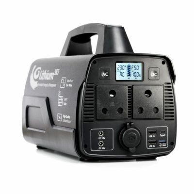 A black lithium portable power station with a handle