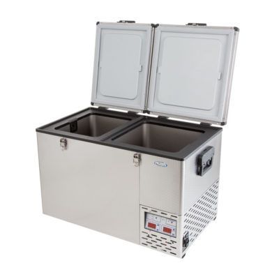 A stainless steel refrigerator with the doors open on a white background.