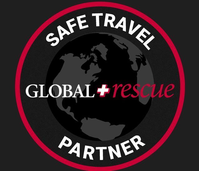 A safe travel global rescue partner logo on a black background