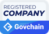 A blue and white badge that says `` registered company govchain ''.