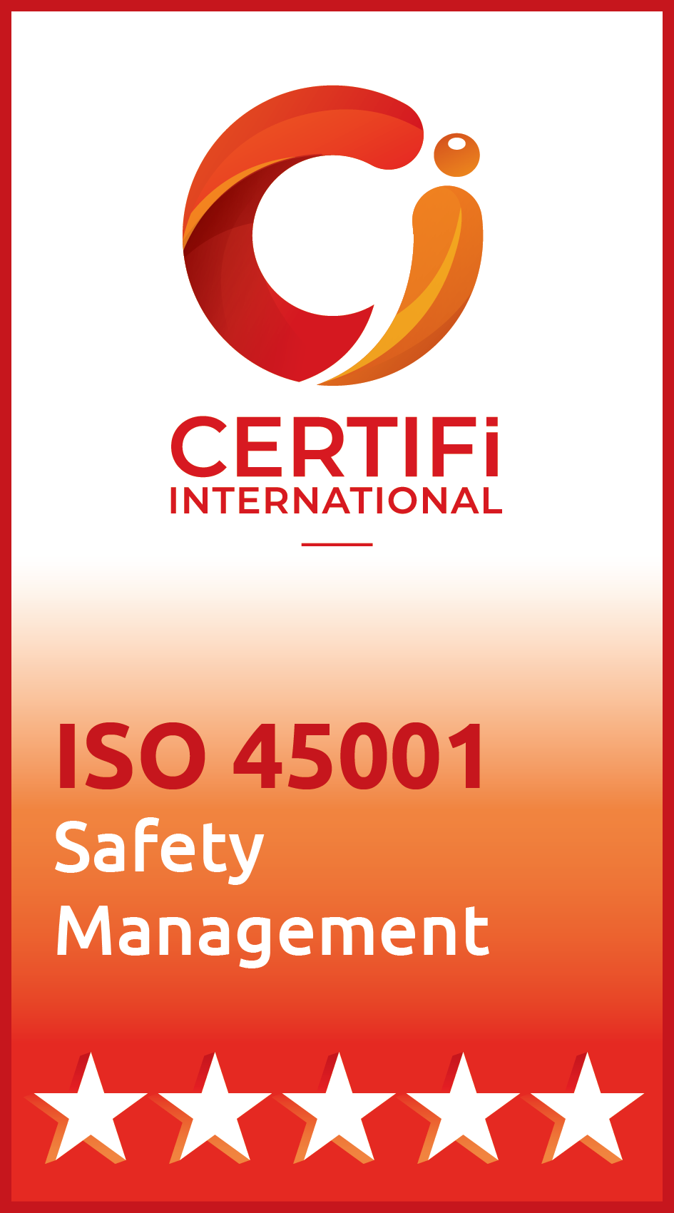 CERTIFI International ISO 45001 Safety Management certificate logo with five stars on white background