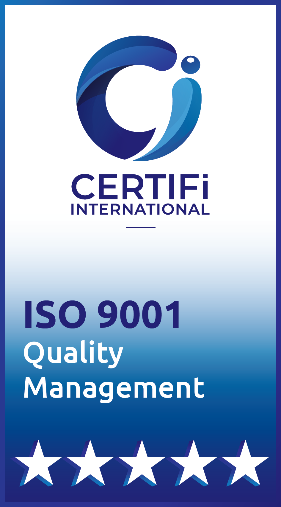 CERTIFI International ISO 9001 Quality Management certificate logo with five stars on blue gradient background