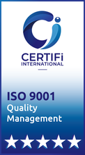 CERTIFI International ISO 9001 Quality Management badge with blue logo and five stars