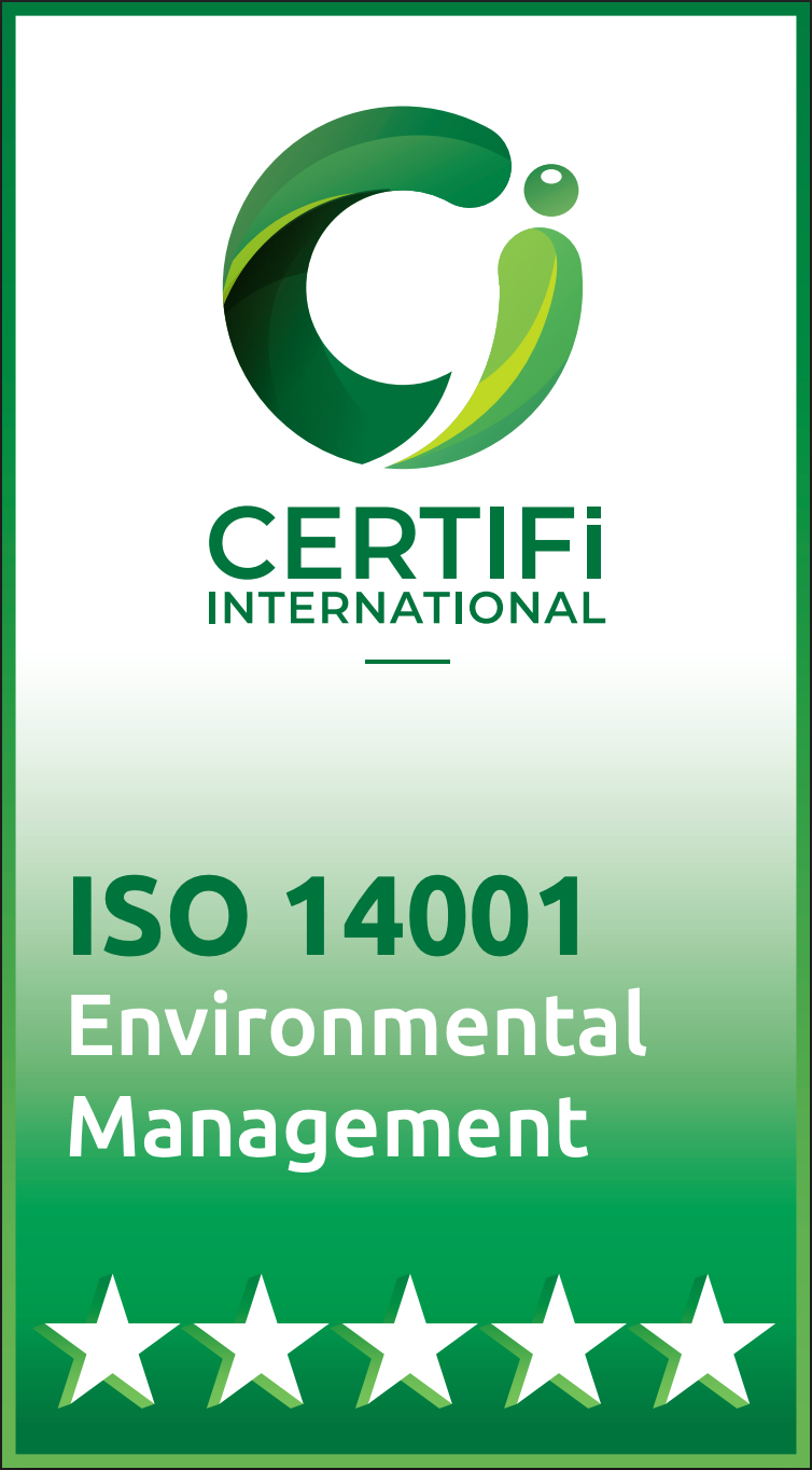 CERTIFI International ISO 14001 Environmental Management certification logo, green and white with five stars