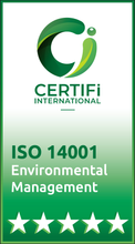 CERTIFI International ISO 14001 Environmental Management certification badge with green logo and five stars