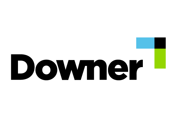 Downer logo in black text with blue, black, and green geometric accents