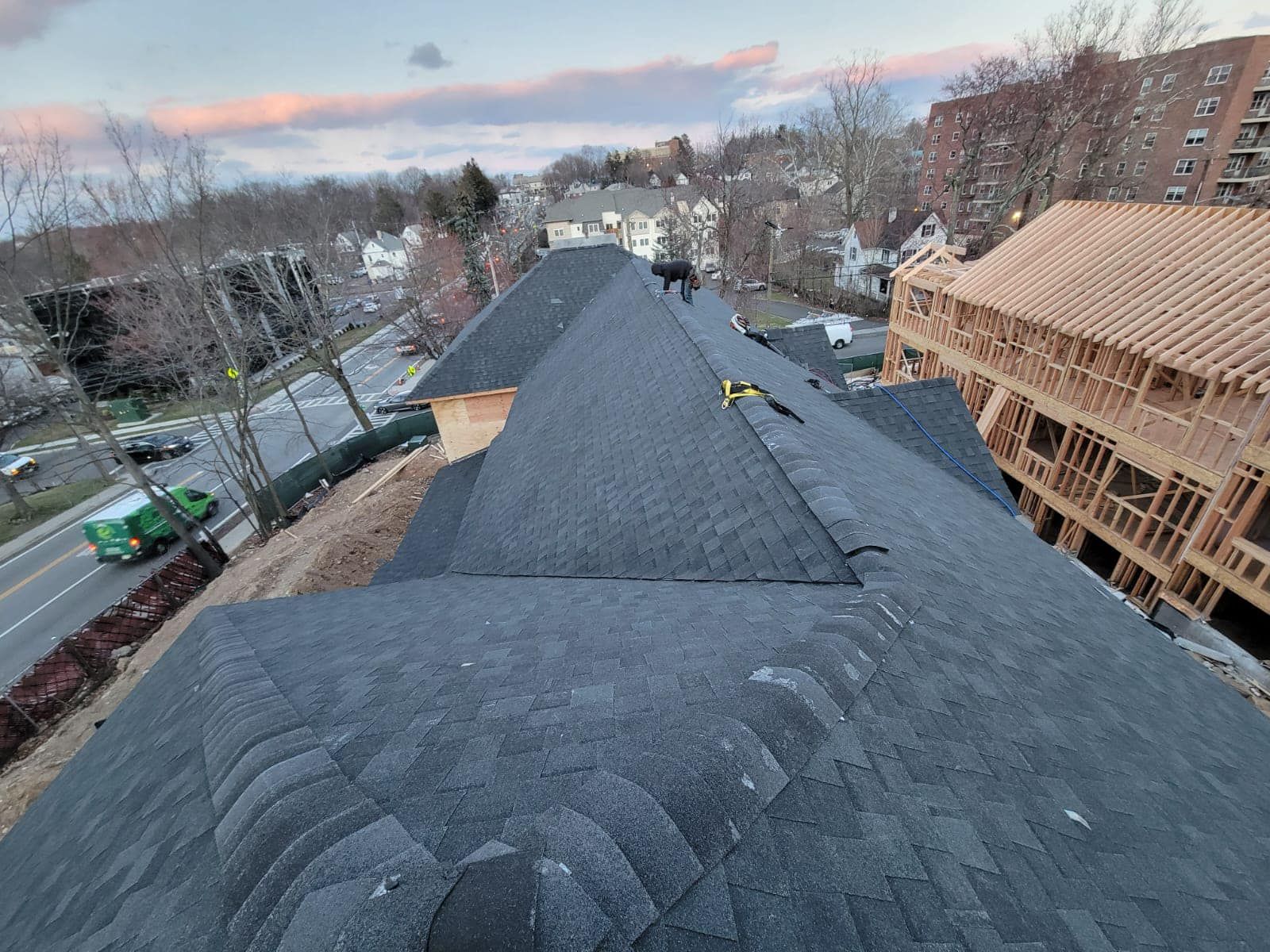 An aerial view of a roof of a house under construction.
