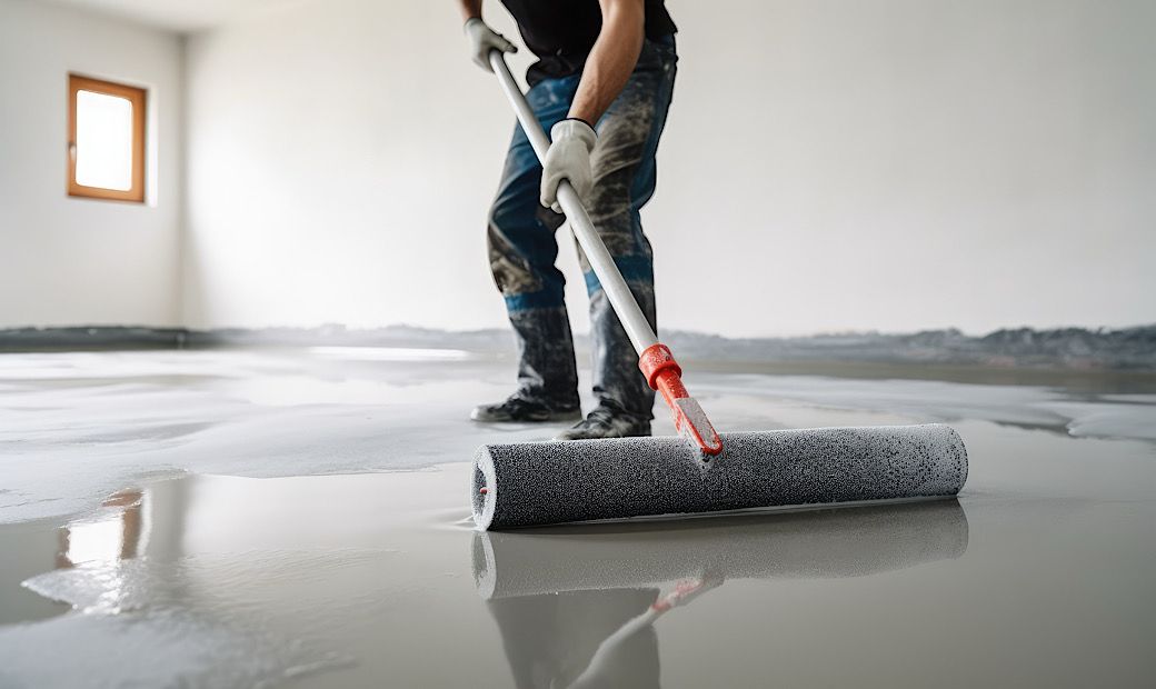 worker rolling epoxy coating to seal garage floor in preparation for colder weather