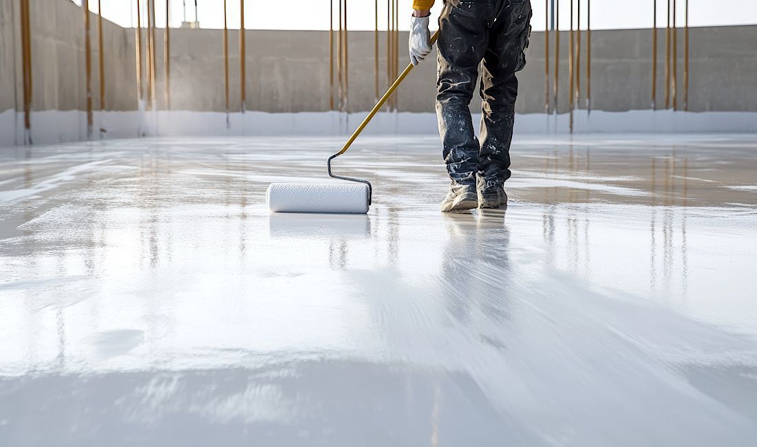 Concrete worker applying durable weatherproof coating onto concrete walkway.