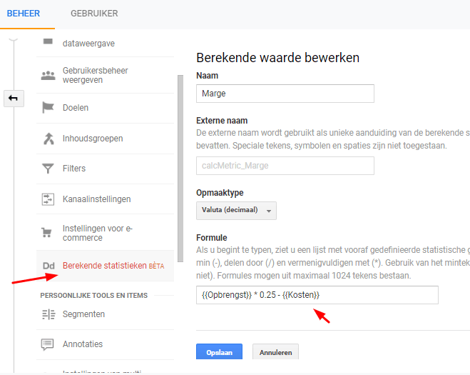 Instellen berekende statistiek