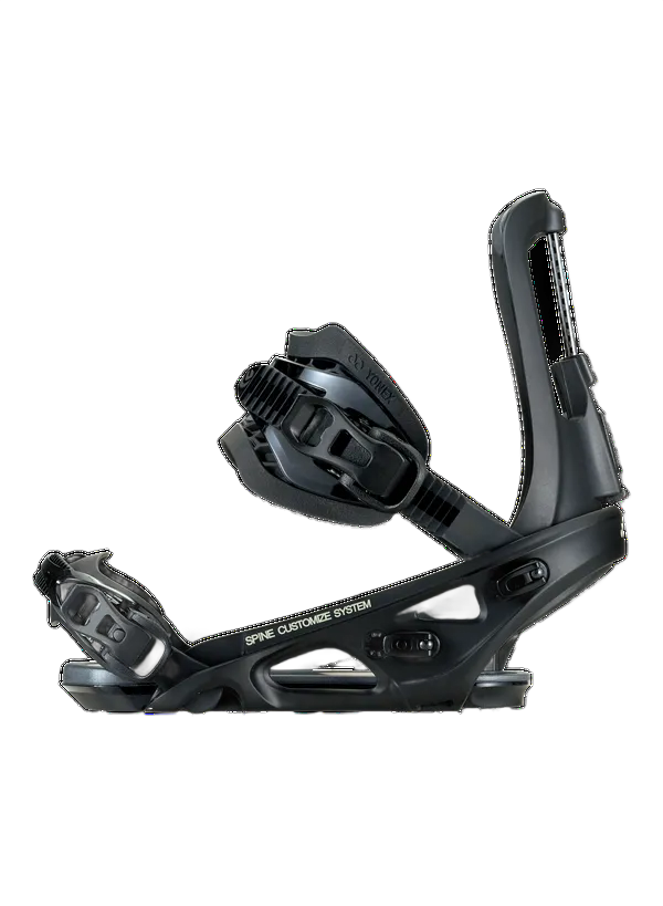 Weiße und schwarze Snowboardbindung mit zwei verstellbaren Riemen.