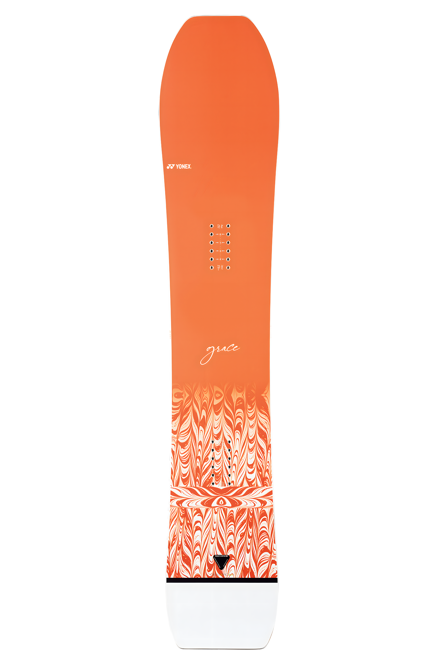Orange-weißes Snowboard mit gesprenkeltem Muster an der Unterseite.