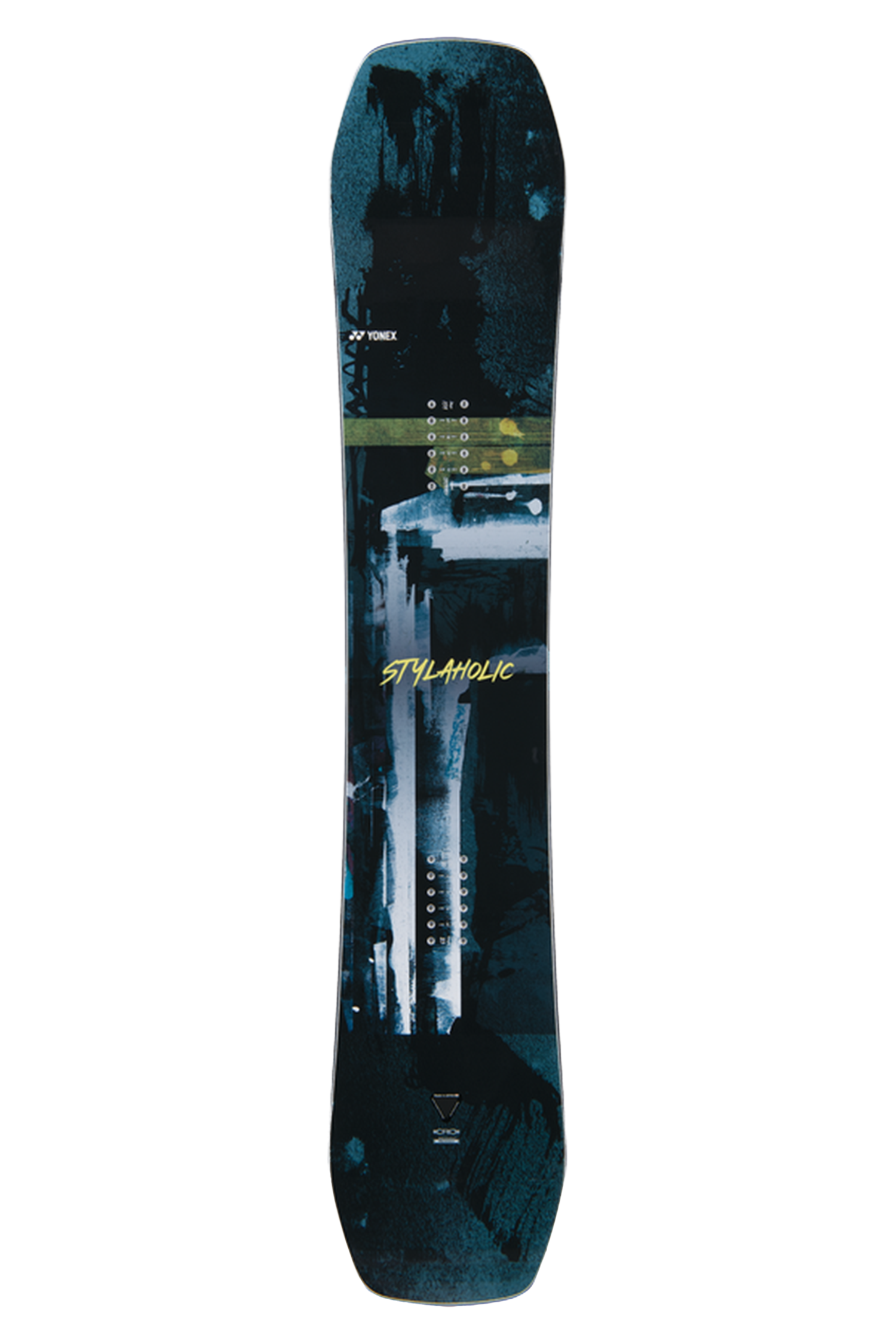 Snowboard mit dunkelblau-weißem Design, aufrecht stehend.