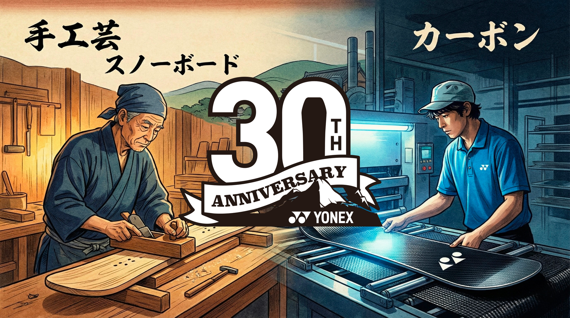 Snowboard-Jubiläumsanzeige: Handwerker beim Schnitzen von Holz (links) vs. Kohlefaserkonstruktion (rechts).