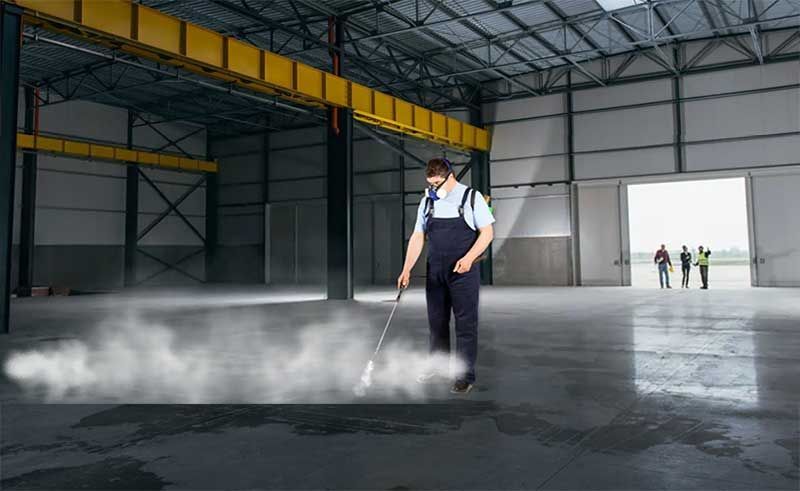 Un hombre está rociando agua sobre el suelo de hormigón de un almacén.