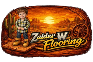Zaidner W Flooring logo with a child on a wooden sign in an orange sunset desert scene