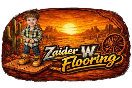 Zaidner W Flooring logo with a child on a wooden sign in an orange sunset desert scene