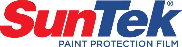 The suntek paint protection film logo is red and blue