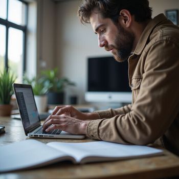 Man with beard typing on laptop at wooden desk; notebook and plants nearby.