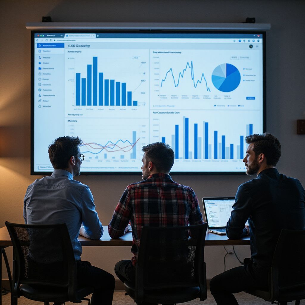 Three men in a meeting, reviewing data graphs on a large screen in a dimly lit office.