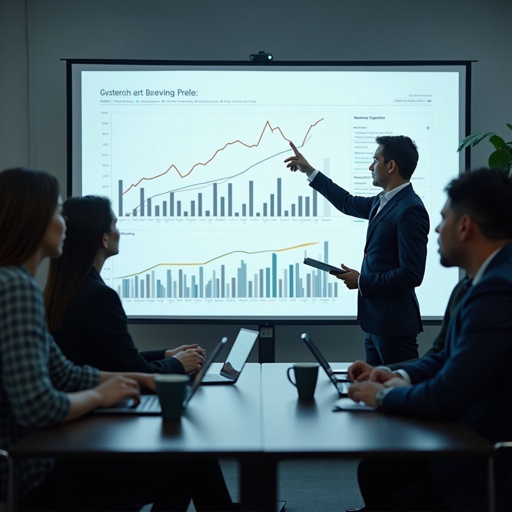 A man in a suit points to a graph on a projection screen during a presentation to a small group in a conference room.