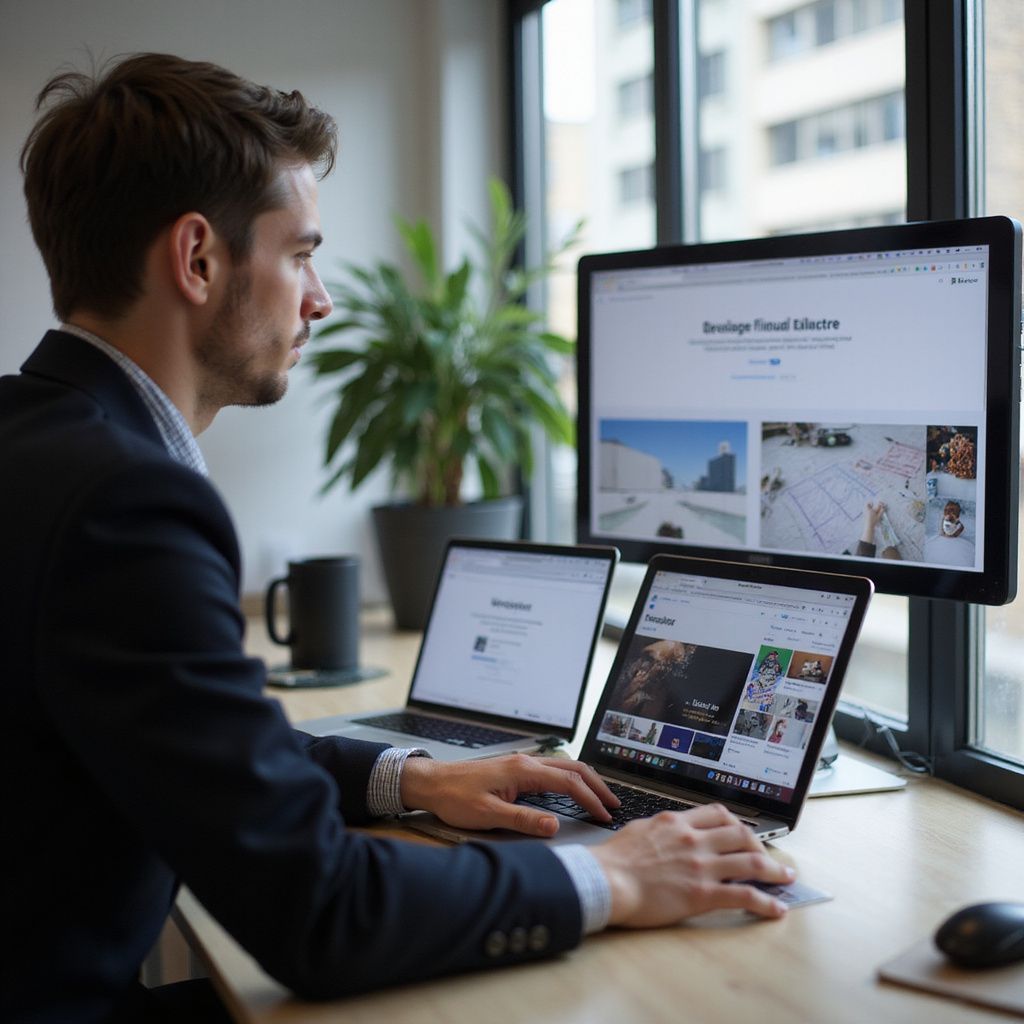 Man in suit working on laptops, large monitor by window in office.