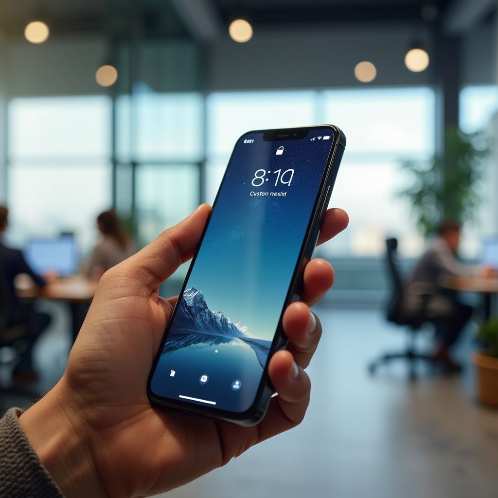 Hand holding a smartphone with a mountain wallpaper, office background. The time 8:10 is displayed on the screen.