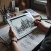 Person sketching architecture on a tablet with a stylus; drawing materials on desk.