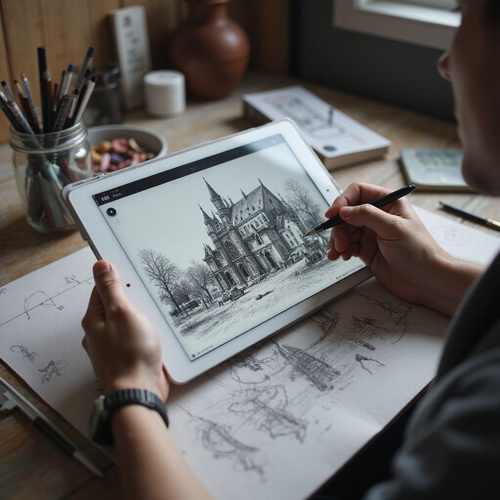 Person sketching architecture on a tablet with a stylus; drawing materials on desk.