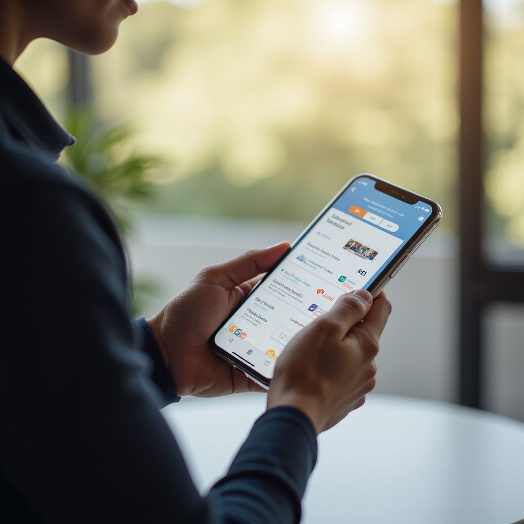 Person holding a smartphone, scrolling a financial app, indoors, natural light.
