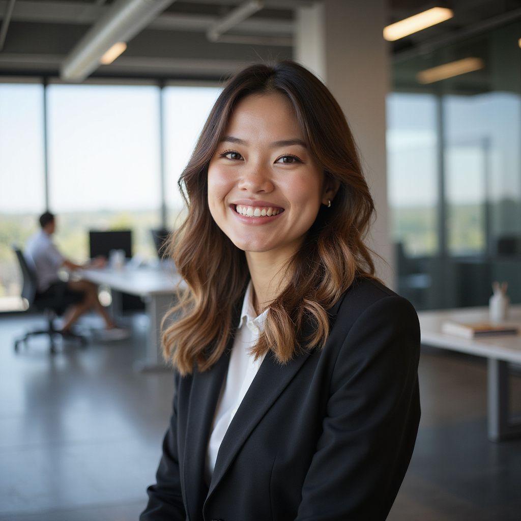 Woman with a wide smile wearing a blazer in an office setting.