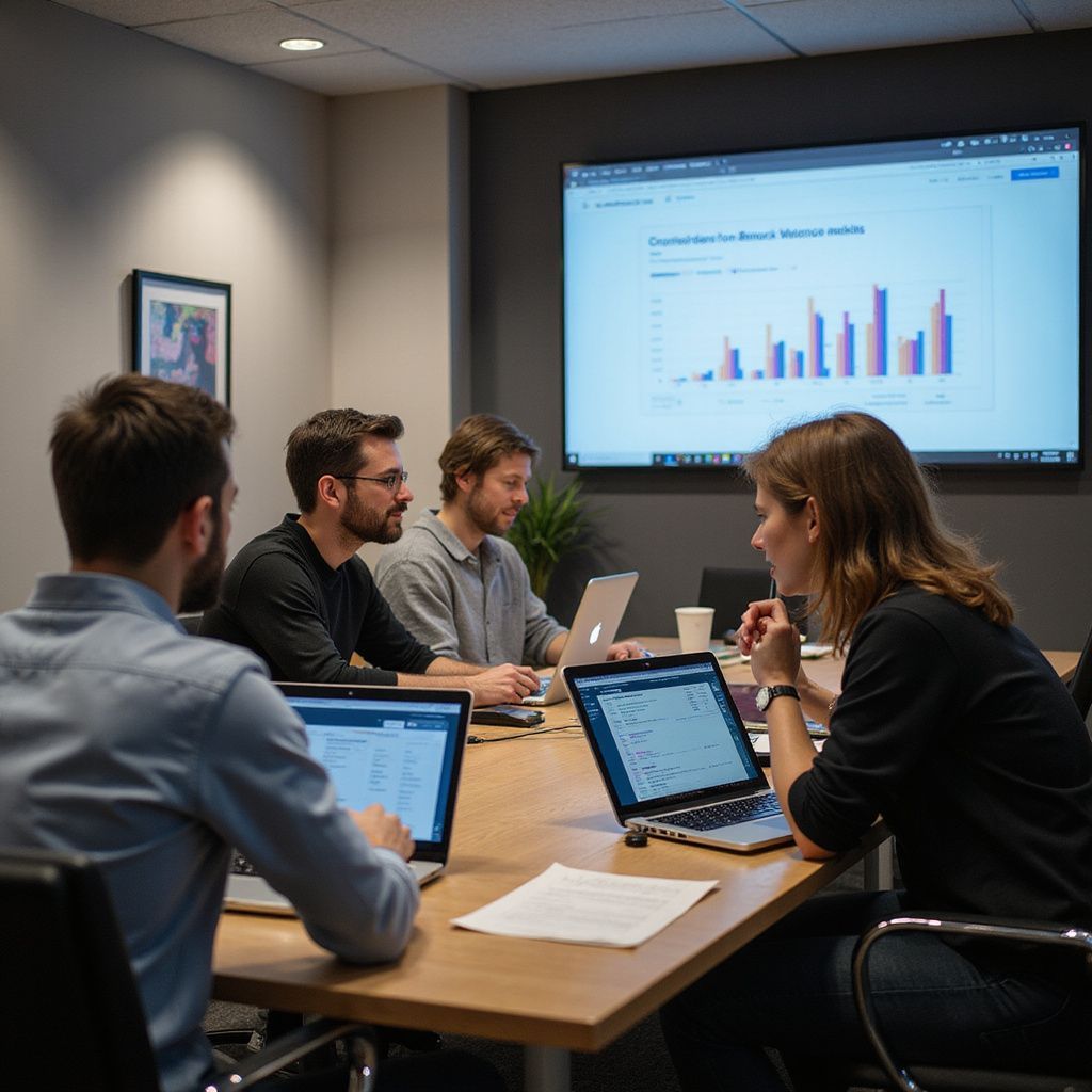 Four people at a table in a conference room, looking at laptops and a screen with charts.