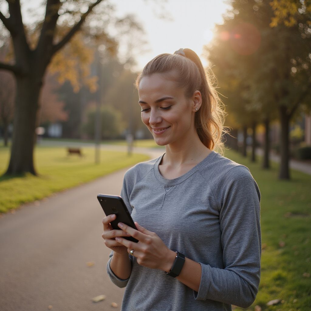 Woman in gray top uses phone, smiling, outdoors in park with trees.