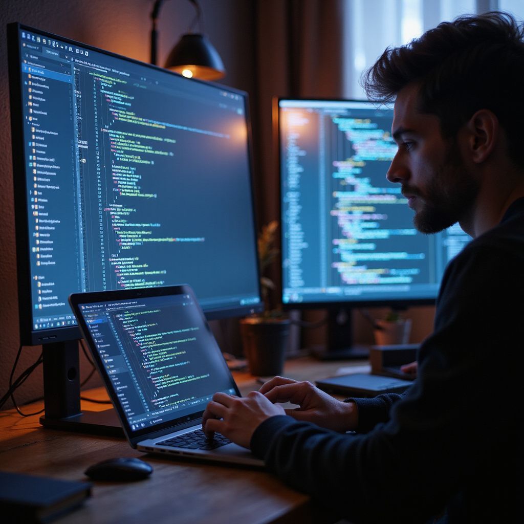 Man coding at desk with laptop and two monitors displaying code in a dark room.