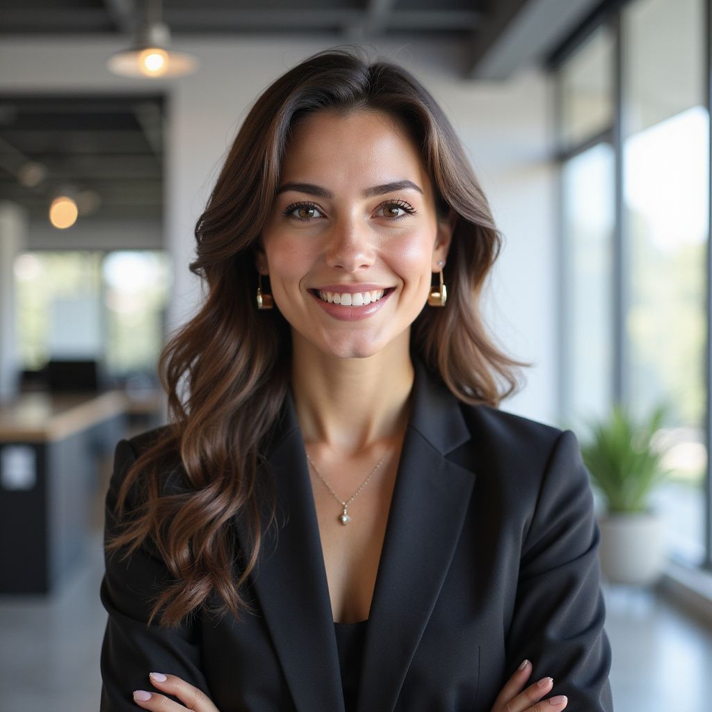 Woman in black blazer smiles, arms crossed, in a modern office setting.