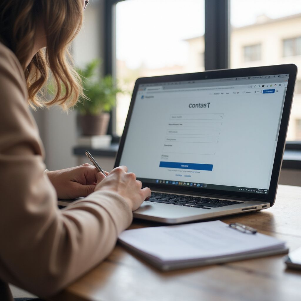 Woman filling out a contact form on a laptop, pen in hand, documents on the table.
