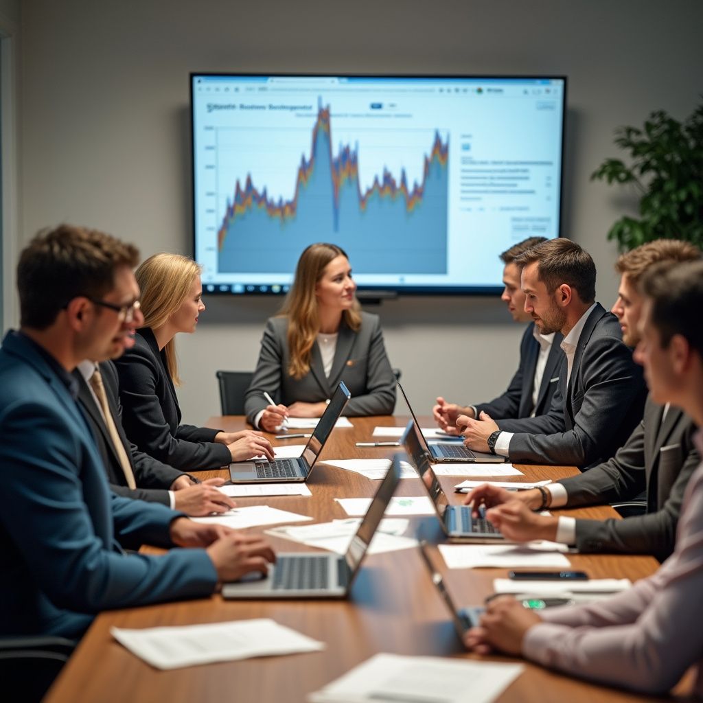 Business team in suits at conference table, looking at financial graph on screen.