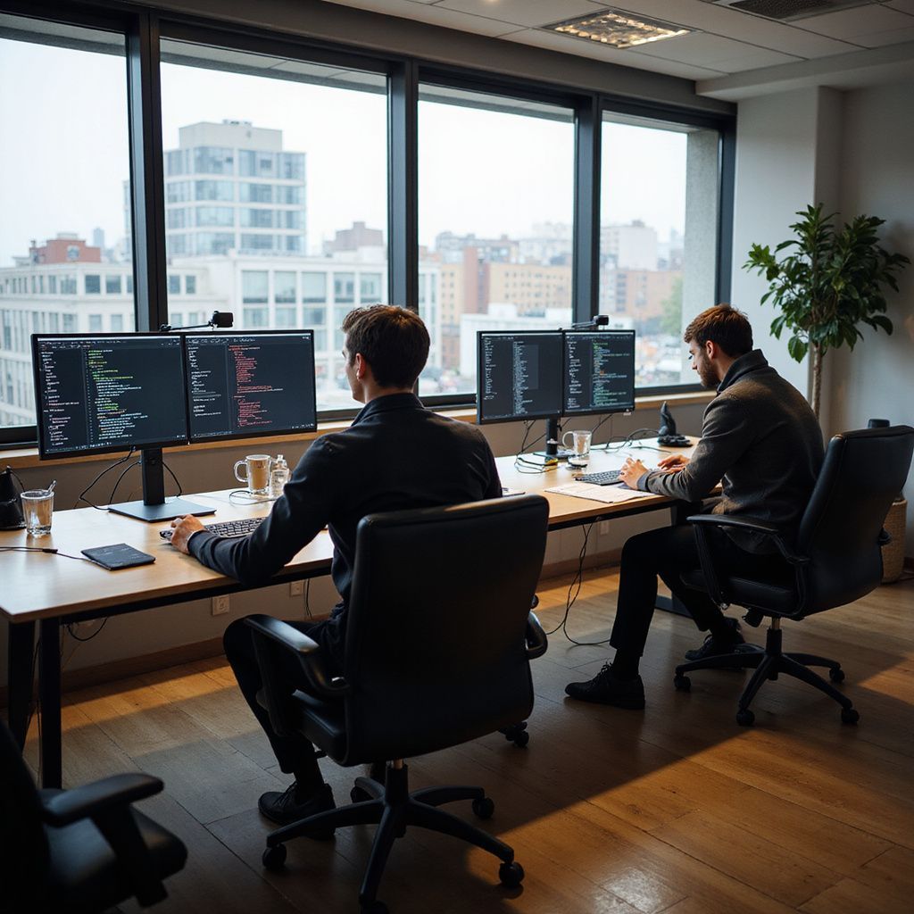 Two men working on computers in a modern office with city views.