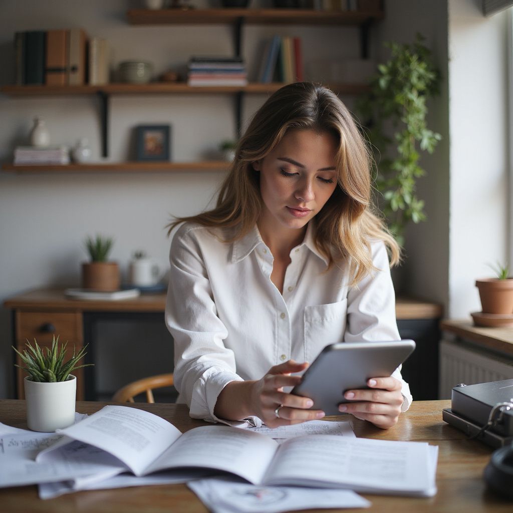 Woman in white shirt looks at a tablet, studying at a desk with books and plants.