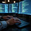 Person typing code on a laptop, with three monitors displaying lines of code in a dark room.
