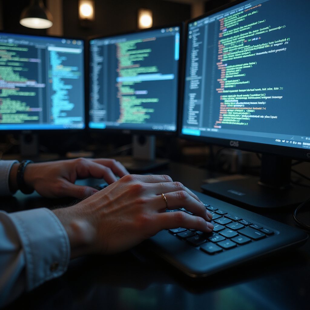 Person typing code on a laptop, with three monitors displaying lines of code in a dark room.